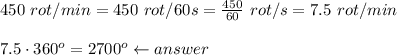 450\ rot/min=450\ rot/60s=\frac{450}{60}\ rot/s=7.5\ rot/min\\\\7.5\cdot360^o=2700^o\leftarrow answer