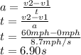 a =  \frac{v2 - v1}{t}&#10; \\ t =  \frac{v2-v1}{a}&#10; \\ t =  \frac{60mph - 0mph}{8.7mph/s}&#10; \\ t = 6.90s