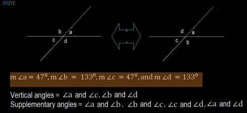 If m∠a=47°, what is m∠b, m∠c, and m∠d?  explain how you know the measures are correct.