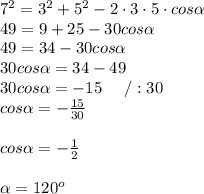 7^2=3^2+5^2-2\cdot3\cdot5\cdot cos\alpha\\49=9+25-30cos\alpha\\49=34-30cos\alpha\\30cos\alpha=34-49\\30cos\alpha=-15\ \ \ \ /:30\\cos\alpha=-\frac{15}{30}\\\\cos\alpha=-\frac{1}{2}\\\\\alpha=120^o