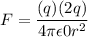 F=\dfrac{(q)(2q)}{4\pi\epsilon{0}r^2 }