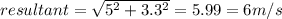 resultant= \sqrt{5^{2}+3.3^{2}} =5.99=6 m/s