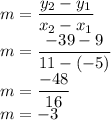 m=\dfrac{y_2-y_1}{x_2-x_1}\\&#10;m=\dfrac{-39-9}{11-(-5)}\\&#10;m=\dfrac{-48}{16}\\&#10;m=-3