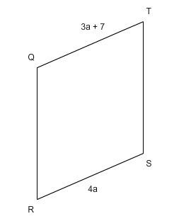 Question 10 qrst is a parallelogram. find a. parallelogram qrst with side qt measuring 3 a plus 7 an
