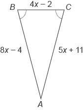 What is  bc ? enter your answer in the box. an isosceles triangle a b c. side b c is the base.