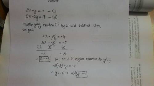 Which ordered pair is a solution to the system of equations 2x-y=-2 5x-2y=-7 (-3,-4)(7,-3)(2,-,1)