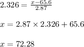 2.326=\frac{x-65.6}{2.87}\\\\ x = 2.87 \times 2.326 + 65.6\\\\ x = 72.28