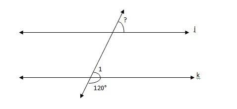 Given that j || k, what is the measure of the missing angle?  a) 30°  b) 40°  c) 60°  d) 120°