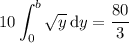 \displaystyle10\int_0^b\sqrt y\,\mathrm dy=\dfrac{80}3
