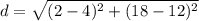 d=\sqrt{(2-4)^{2}+(18-12)^{2}}