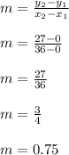 m=\frac{y_2-y_1}{x_2-x_1}\\\\m=\frac{27-0}{36-0}\\\\m=\frac{27}{36}\\\\m=\frac{3}{4}\\\\m=0.75