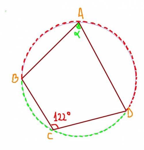 What is the measure of ∠dab?  polygon abcd is inscribed in a circle. angle bcd is 122 degrees.