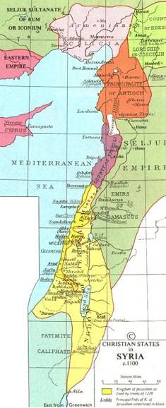 What does the map suggest about the crusaders in the holy land circa 1100 ce