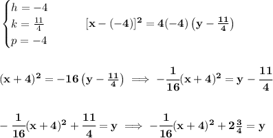 \bf \begin{cases}&#10;h=-4\\&#10;k=\frac{11}{4}\\&#10;p=-4&#10;\end{cases}\qquad [x-(-4)]^2=4(-4)\left( y-\frac{11}{4} \right)&#10;\\\\\\&#10;(x+4)^2=-16\left( y-\frac{11}{4} \right)\implies -\cfrac{1}{16}(x+4)^2=y-\cfrac{11}{4}&#10;\\\\\\&#10;-\cfrac{1}{16}(x+4)^2+\cfrac{11}{4}=y\implies -\cfrac{1}{16}(x+4)^2+2\frac{3}{4}=y