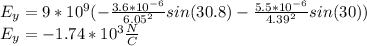 E_{y} =9*10^{9} (-\frac{3.6*10^{-6}}{6.05^2}sin(30.8)-\frac{5.5*10^{-6}}{4.39^2}sin(30) )\\E_{y} =-1.74*10^{3}\frac{N}{C}