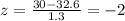 z=\frac{30-32.6}{1.3}=-2