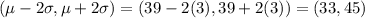 (\mu -2 \sigma, \mu +2\sigma)=(39-2(3),39+2(3))=(33,45)