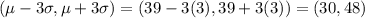 (\mu -3 \sigma, \mu +3\sigma)=(39-3(3),39+3(3))=(30,48)