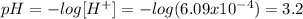 pH=-log[H^{+}]=-log(6.09x10^{-4} )=3.2