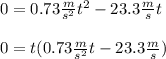 0 = 0.73\frac{m}{s^{2}}t^{2}-23.3\frac{m}{s} t\\\\0=t(0.73\frac{m}{s^{2}}t-23.3\frac{m}{s} )\\\\