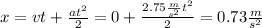 x=vt+\frac{at^{2}}{2}=0+\frac{2.75\frac{m}{s^{2}} t^{2}}{2}=0.73\frac{m}{s^{2}}