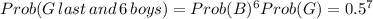 Prob(G\,last\,and\,6\,boys)=Prob(B)^6Prob(G)=0.5^7