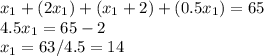 x_1+(2x_1)+(x_1+2)+(0.5x_1)=65\\4.5x_1=65-2\\x_1=63/4.5=14