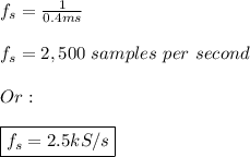 f_{s}=\frac{1}{0.4ms} \\ \\ f_{s}=2,500 \ samples \ per \ second \\ \\ Or: \\ \\ \boxed{f_{s}=2.5kS/s}