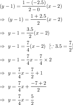 (y-1)=\dfrac{1-(-2.5)}{2-0}(x-2)\\\\\Rightarrow\ (y-1)=\dfrac{1+2.5}{2}(x-2)\\\\\Rightarrow\ y-1=\dfrac{3.5}{2}(x-2)\\\\\Rightarrow\ y-1=\dfrac{7}{4}(x-2) \ \ [\because 3.5=\dfrac{7}{2}]\\\\\Rightarrow\ y-1=\dfrac{7}{4}x-\dfrac{7}{4}\times2\\\\\Rightarrow\ y=\dfrac{7}{4}x-\dfrac{7}{2}+1\\\\\Rightarrow\ y=\dfrac{7}{4}x+\dfrac{-7+2}{2}\\\\\Rightarrow\ y=\dfrac{7}{4}x-\dfrac{5}{2}