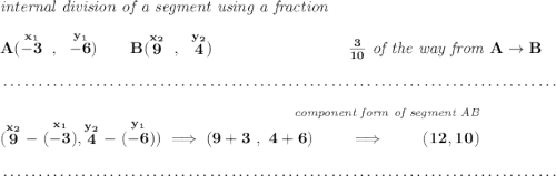 \bf \textit{internal division of a segment using a fraction}\\\\ A(\stackrel{x_1}{-3}~,~\stackrel{y_1}{-6})\qquad B(\stackrel{x_2}{9}~,~\stackrel{y_2}{4})~\hspace{8em} \frac{3}{10}\textit{ of the way from }A\to B \\\\[-0.35em] ~\dotfill\\\\ \stackrel{~\hfill \textit{component form of segment AB}}{ (\stackrel{x_2}{9}-\stackrel{x_1}{(-3)}, \stackrel{y_2}{4}-\stackrel{y_1}{(-6)})\implies (9+3~,~4+6)\qquad \implies \qquad (12,10)} \\\\[-0.35em] ~\dotfill
