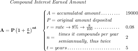 \bf ~~~~~~ \textit{Compound Interest Earned Amount} \\\\ A=P\left(1+\frac{r}{n}\right)^{nt} \quad \begin{cases} A=\textit{accumulated amount}\dotfill&19000\\ P=\textit{original amount deposited}\\ r=rate\to 8\%\to \frac{8}{100}\dotfill &0.08\\ n= \begin{array}{llll} \textit{times it compounds per year}\\ \textit{semiannually, thus twice} \end{array}\dotfill &2\\ t=years\dotfill &5 \end{cases}