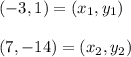 (-3, 1) = (x_1, y_1)\\\\(7, -14) = (x_2, y_2)