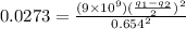 0.0273 = \frac{(9\times 10^9)(\frac{q_1- q_2}{2})^2}{0.654^2}