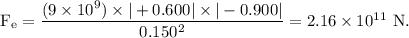 \rm F_e=\dfrac{(9\times 10^9)\times |+0.600|\times |-0.900|}{0.150^2}=2.16\times 10^{11}\ N.