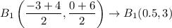 B_1\left(\dfrac{-3+4}{2},\dfrac{0+6}{2}\right)\rightarrow B_1(0.5, 3)
