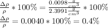 \frac{\Delta \rho}{\rho}*100 \%=\frac{0.0098\frac{g}{cm^3}}{2.3991\frac{g}{cm^3}}*100 \%\\\frac{\Delta \rho}{\rho}=0.0040*100 \%=0.4 \%