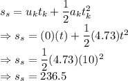 s_s = u_kt_k+\dfrac{1}{2}a_kt_k^2\\\Rightarrow s_s= (0)(t)+\dfrac{1}{2}(4.73)t^2\\\Rightarrow s_s= \dfrac{1}{2}(4.73)(10)^2\\\Rightarrow s_s= 236.5