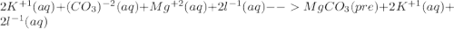 2K^{+1}(aq)  + (CO_{3})^{-2}(aq)  + Mg^{+2}(aq)   + 2l^{-1}(aq)  - -  MgCO_{3} (pre) + 2K^{+1}(aq)  + 2l^{-1}(aq)