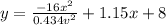 y=\frac{-16x^2}{0.434v^2}+1.15x+8