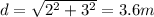 d=\sqrt{2^2+3^2}=3.6 m