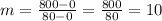 m= \frac{800-0}{80-0} = \frac{800}{80} =10