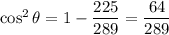 \cos^2\theta=1-\dfrac{225}{289}=\dfrac{64}{289}