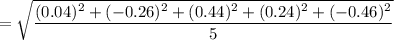 =\sqrt{\dfrac{(0.04)^2+(-0.26)^2+(0.44)^2+(0.24)^2+(-0.46)^2}{5}}