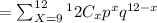 =\sum_{X =9}^{12} ^12C_x p^x q^{12-x}