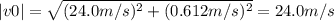 |v0| = \sqrt{(24.0 m/s)^{2} + (0.612 m/s)^{2}} = 24.0 m/s