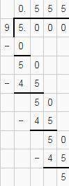 Use long division to determine the decimal equivalent of 5 over 9. 0 point 3 bar 0 point 4 bar 0 poi