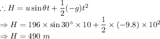 \therefore H = u\sin \theta t +\dfrac{1}{2}(-g)t^2\\\Rightarrow H = 196\times \sin 30^\circ \times 10 + \dfrac{1}{2}\times(-9.8)\times 10^2\\ \Rightarrow H =490\ m