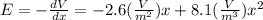 E = -\frac{dV}{dx} =- 2.6(\frac{V}{m^{2}})x + 8.1(\frac{V}{m^{3}})x^{2}