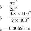 y=\dfrac{gx^2}{2u^2}\\y=\dfrac{9.8\times100^2}{2\times400^2}\\\\y=0.30625\ \rm m