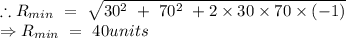 \therefore R_{min}\ =\ \sqrt{30^2\ +\ 70^2\ + 2\times 30\times 70\times (-1)}\\\Rightarrow R_{min}\ =\ 40 units